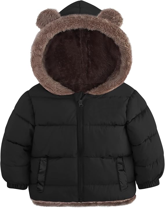 Enlifety 6M-5T Baby Toddler Winter Coat Boys Girls Puffer Jacket with Hood | Warm soft zipper fleece jacket with two pockets cute bear ear hoodes winter clothes for daily wear cold outdoor activities