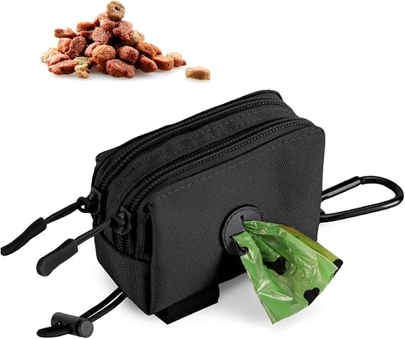 Dog Poop Bag Holder for Leashes, Black Doggie Waste Bag Dispenser and Treat Holder, with Carabiner Hook and Poop Bag Clip, Used Waterproof Wear-Resistant Fabric and 2 Zippered Pouches for Walking