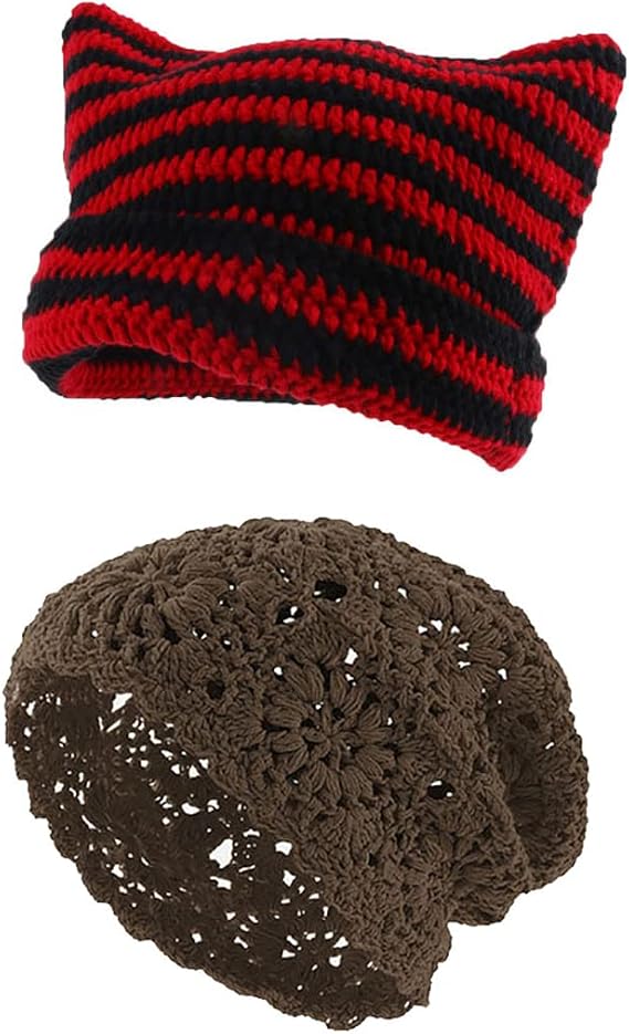 2Pcs Cute Knitted Crochet Beanie Hat for Women Floral Crochet Beanie Y2K Striped Grunge Warm Slouchy Beanies with Cat Ear