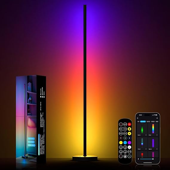 LED Floor Lamp, RGB Corner Lamp with Music Sync, Colour Changing Standing Lamp with APP & Remote Control, 16 Million Colours, DIY & Timing, Mood Lighting for Living Room, Bedroom, Game [Energy Class F]