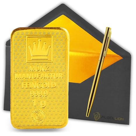1 g gold bar gold plate 999.9 fine gold LBMA certified guarantee of authenticity + free Albellion® ballpoint pen
