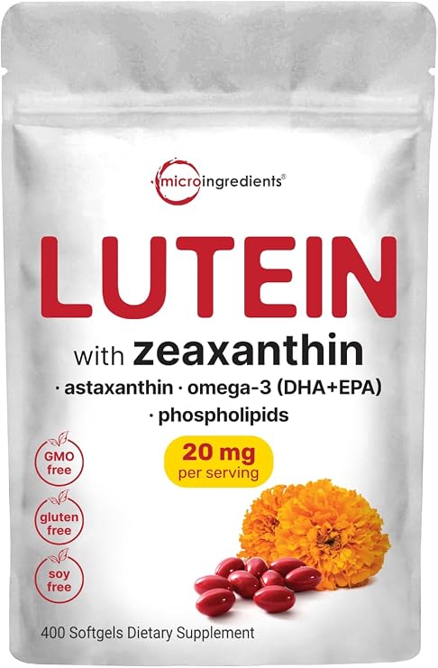 Lutein & Zeaxanthin 20mg Softgels, 400 Count, with Astaxanthin, Omega-3s, Phospholipids | Eye + Vision Health Vitamins | Third Party Tested, Non-GMO, Gluten Free