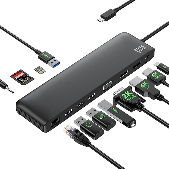 USB C Docking Station Minthouz 12-in-1 Docking Station 3 Monitors, USB Hub with DisplayPort/HDMI/VGA, PD, USB 2.0/3.0, Gigabit Ethernet, SD/TF, Audio Jack USB C Dock for Windows & Mac