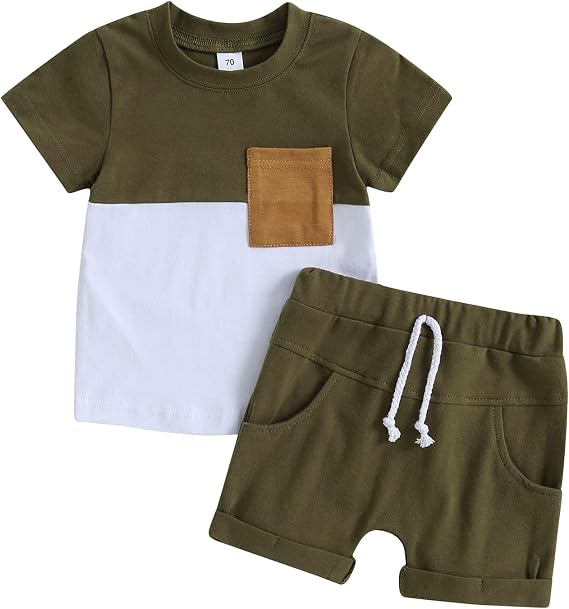 Karwuiio Toddler Baby Boy Summer Outfit Short Sleeve T-Shirt Tops Elastic Waist Shorts Set Baby Boys Clothes