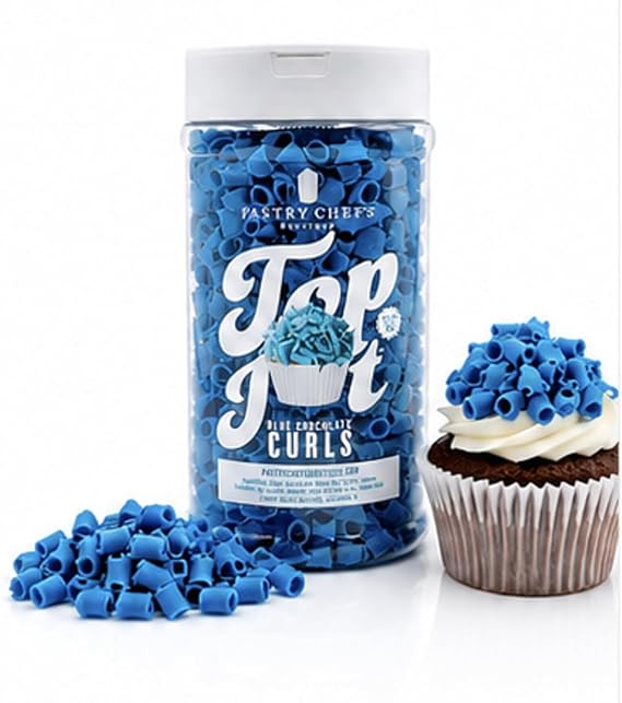 Pastry Chef's Boutique Blue Blossom Belgian Chocolate Curls Topping for Cupcake, Hot Cocoa, Ice Cream Cookies Cake Decorating - 5 oz