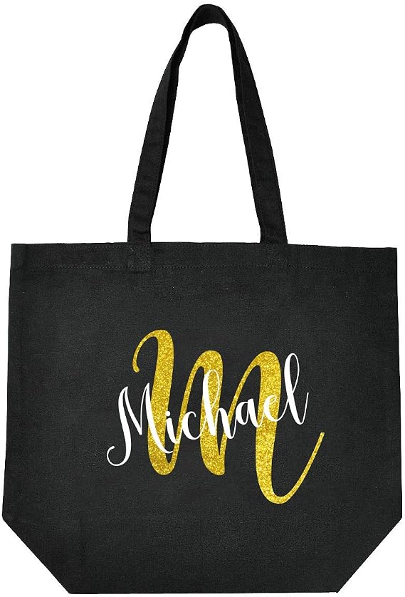 ELEGANTPARK Personalized Initial & Name Monogrammed Tote Bag - Black with Gold Glitter - A-Z Initial - 17" L x 14" H x 6" D - Women, Girls - Wedding, Bridal Shower, Birthday, Teacher Gifts