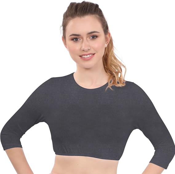 Kosher Casual Women's Modest High Neck Cropped Layering Shell - Cotton Spandex 3-4 Sleeve Base Pullover Top