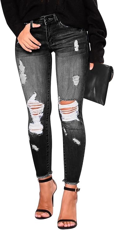 KUNMI Women's Ripped Skinny Slim Fit Jeans Frayed Distressed Stretchy Denim Pants