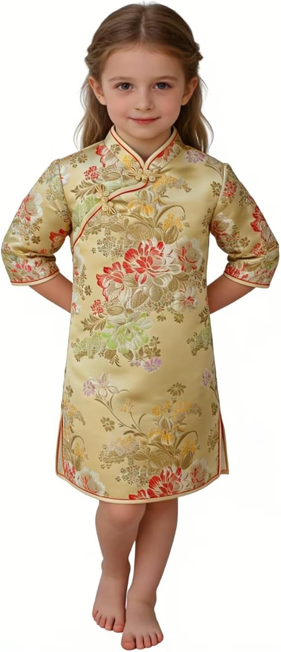 Chinese Girls Dress Peony Rose Qipao Half Sleeve Cheongsam Wedding Dresses Princess Birthday Party Costume