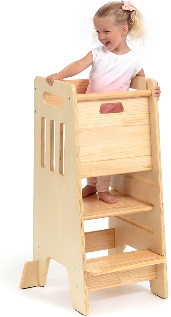 Toddler Tower with Sliding Door - 3 Height Levels Varnished | Non-slip strips on the steps, padded support feet and thick wooden panels make it safe to use in the kitchen and bathroom