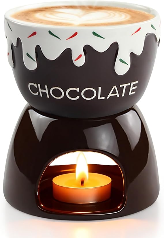 Mini Sweet Fondue Cup, Ceramic Chocolate Melting Pot and Stove Set of 2, Coffee Warmer Mug, Portable for Cheese, Butter Melting Dipping Tool for Marshmallows/Fruits for Camping/Date/Movie Night/Party