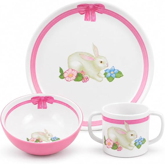 Portmeirion Botanic Garden Terrace Bunny 10 Oz Dinner Set - Pink, Set of 3 | Kids Tableware Set with 8" Plate, 5" Bowl & Double-Handled Mug, BPA-Free Melamine, Lightweight, Shatterproof, Dishwasher Safe