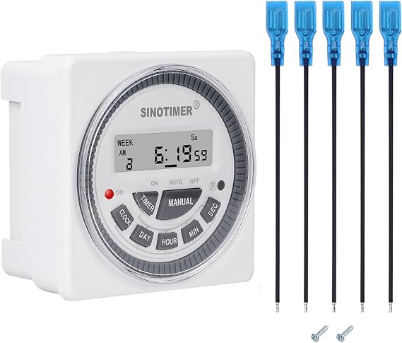 TM619s AC 220V-240V Digital LCD Power Programmable Timer Time Clock Switch Relay with 5 Connecting Wires and Panel Mounted Enclosure