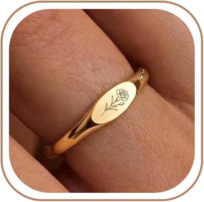 Birthflower Signet Gold Rings for Women Non Tarnish Dainty Birthday Gifts