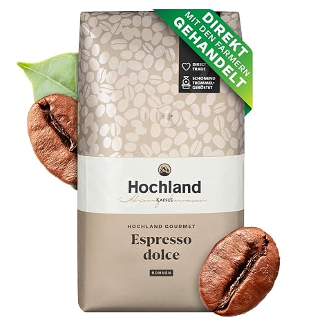 Hochland Gourmet Espresso dolce 1000g (ganze Bohne) - aromatisch mild und süßlich - Noten von Limette Bitterschokolade Mandel - 70% Arabica 30% Canephora - Ideal für Siebträger und Vollautomat