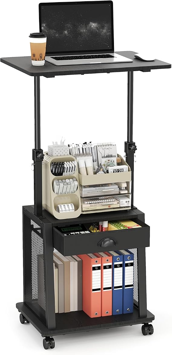 Height Adjustable Standing Desk with Wheels,Mobile Sit Stand Up Desk with Drawer,Rolling Laptop Computer Desk with storage,Portable Podium Teacher Stand Desk,Narrow Walking Pad Desk for Home Office