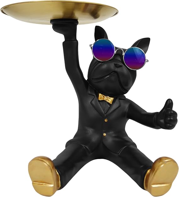French Bulldog Tray Statue, Black Frenchie Sculpture with Gold Tray for Entryway Table Nightstand, Frenchy Butler Decor Housewarmings Birthdays Gifts for Dog Lovers
