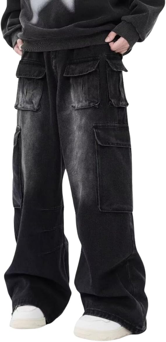 Cargo Pants with Pockets Men Women Baggy Jeans Y2k Wide Leg Grunge Loose Jeans Clothes Streetwear Black