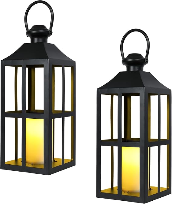 Bdor 17.7 Inch Black Metal Outdoor Lanterns, Set of 2 with LED Candles | Black metal candle lanterns, warm flickering LED glow, tabletop or hanging decor for porch, patio, fireplace and weddings