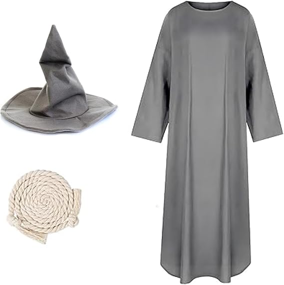 Adult halloween costume Wizard Costume Robe with Gray Hat and Rope Belt