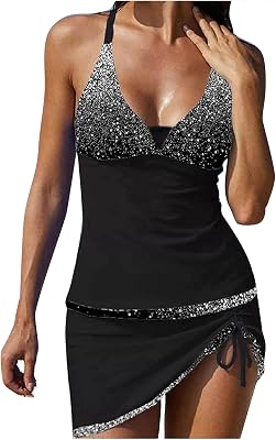 Womens 2 Piece Swimsuit Sexy Halter Tankini Top and Ruched Skirt Bottom Set Bathing Suit Color Block Graphic Beachwear