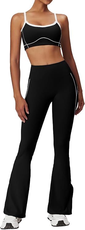 OMEWEE Yoga sets for women 2 piece Fashion contrasting lines Sports Bra and High Wasit Split hem Flared Leggings