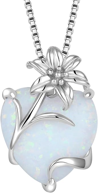 YL Heart Necklace for Women 925 Sterling Silver Lily Pendant Created Opal Flower Jewelry