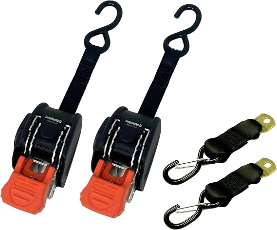 CargoBuckle Mini G3 Retractable Ratchet Straps, 1400 lbs Break Strength, 1-Inch Width X 6 ft Reach and F14086 S-Hook Adapter Strap for Tie-Downs (2-Pack, Black)