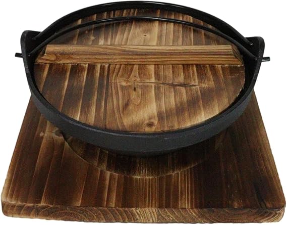 Ebros Gift Cast Iron Japanese Cuisine Sukiyaki Shabu Shabu Tetsu Nabe Ramen Personal Sized Cooking Hot Pot With Wooden Lid And Trivet Base 8" Diameter