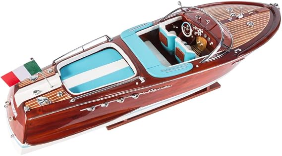 Riva Aquarama Lamboghini Boat Decor Model 27.5"(Blue/White Leather Seats)-Wooden Decor Model Ships- Italian Wooden Toy Boat- Riva Boat Model Display