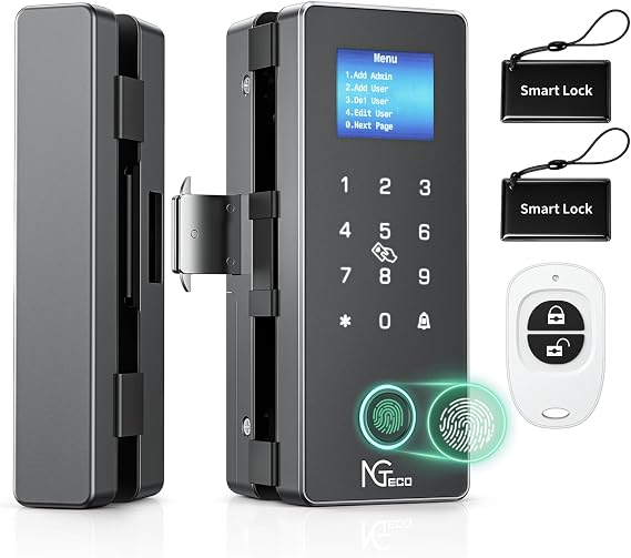 NGTeco Smart Glass Door Locks, 5 Unlock Ways Keyless Entry Gate Locks, Remote Control, Fingerprint, IC Card, Password, No Drill Door Locks for Home,Green House,Cabinet,Office