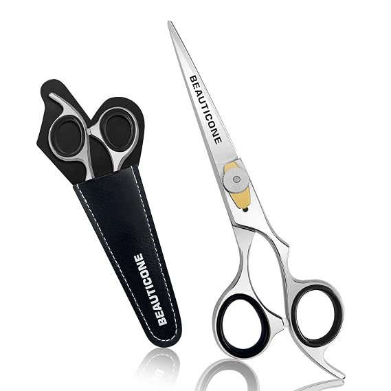 BEAUTICONE Professional Hair Cutting Scissors Barber Shears with Razor Sharp Stainless Steel Blade, Leather Pouch Included, Salon Hair Scissors for Men & Women, Silver