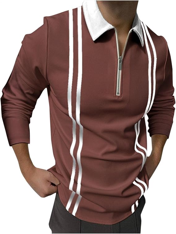 Men's Classic Short Sleeve Polo Shirt Zip Up Casual Summer Slim Fit T-Shirts Striped Graphic Printed Tops Beach Tees