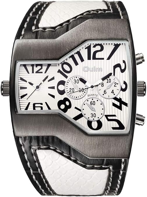 Oulm Men Military Sports Watch Dual Movt Quartz Wristwatch with Leather Band Decorative Sub-dials