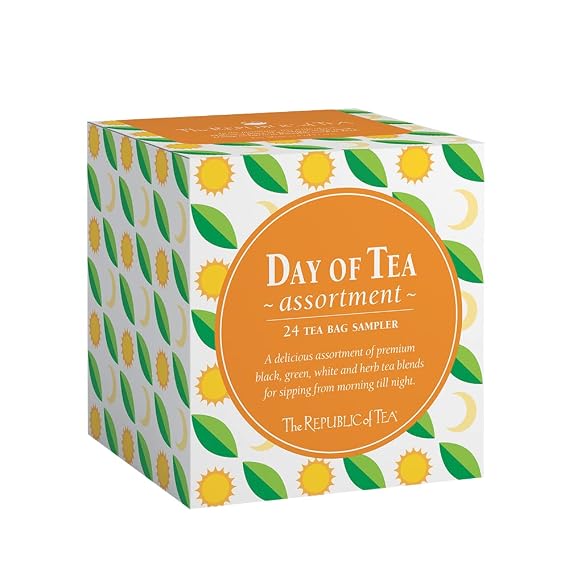 The Republic of Tea Day of Tea Assortment Sampler, 24 Individually Wrapped Tea Bags, Black Tea, Green Tea, Herbal Tea