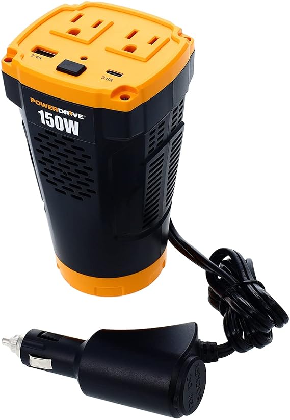 PowerDrive PWD150C 150W Power Inverter for Cup Holders 12v DC to 110v AC with 2 Outlets and 2 Ports