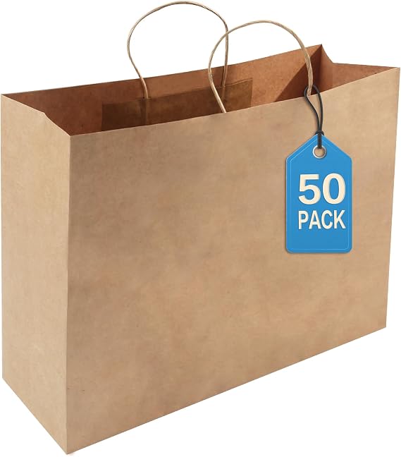 HAPPY CHEERS Kraft Paper Gift Bags, 50 Pack Large Paper Bags with Handles, 16x6x12 Inches, Brown