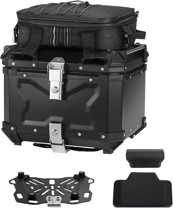 Motorcycle Top Case Set,Including Tail BoxBase BracketBackrestBag,Waterproof Aluminum Handle Motorcycle Helmet Case,Tail Box with Security Lock (Black, 45L)
