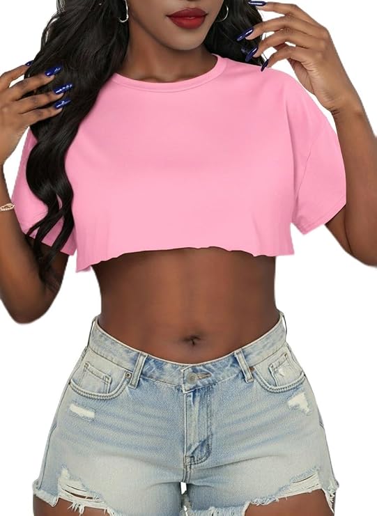Womens Oversized Crop Tops Short Sleeve Cropped Tshirts Crewneck Tees