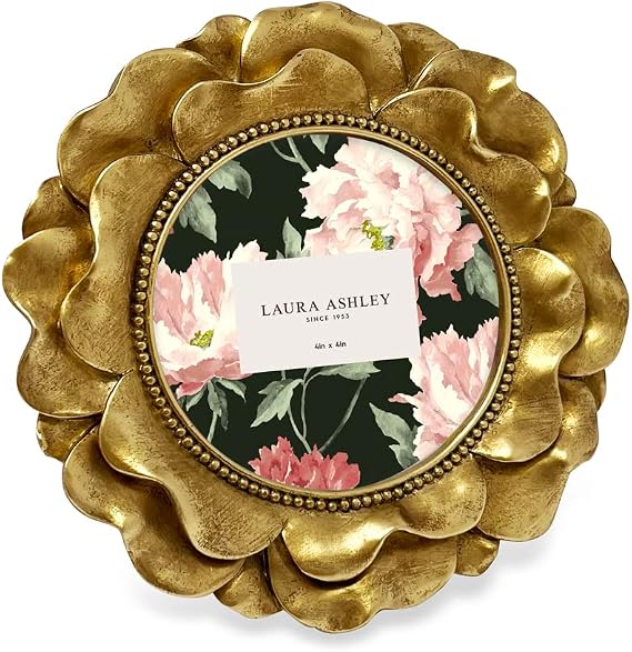 Laura Ashley 4x4 Gold Round Resin Ornate Flower Design Picture Frame with Beaded Border, for Tabletop and Wall Display, Floral Home Decor (Gold)
