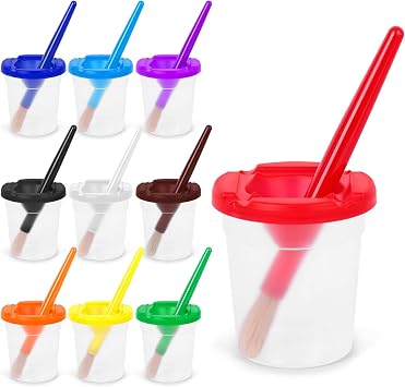BigOtters Paint Cups with Lids for Kids, 10PCS No Spill Paint Cups, 10PCS Toddler Paints Brushes for Art Supplies, Kids Early Learning Toys, Classroom Must Haves