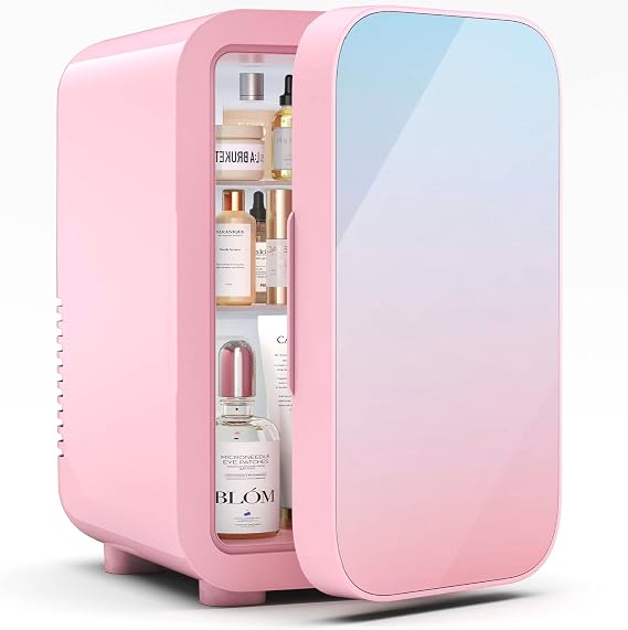 BEICHEN Mini Fridge, 6 Liter/8 Can Small Refrigerator for Bedroom, 110V AC/ 12V DC Thermoelectric Cooler & Warmer for Skincare, Food, Drinks, Pink