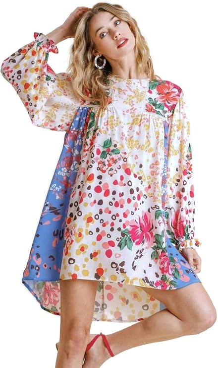 Umgee Women's Mixed Print Crochet Ruffle Dress