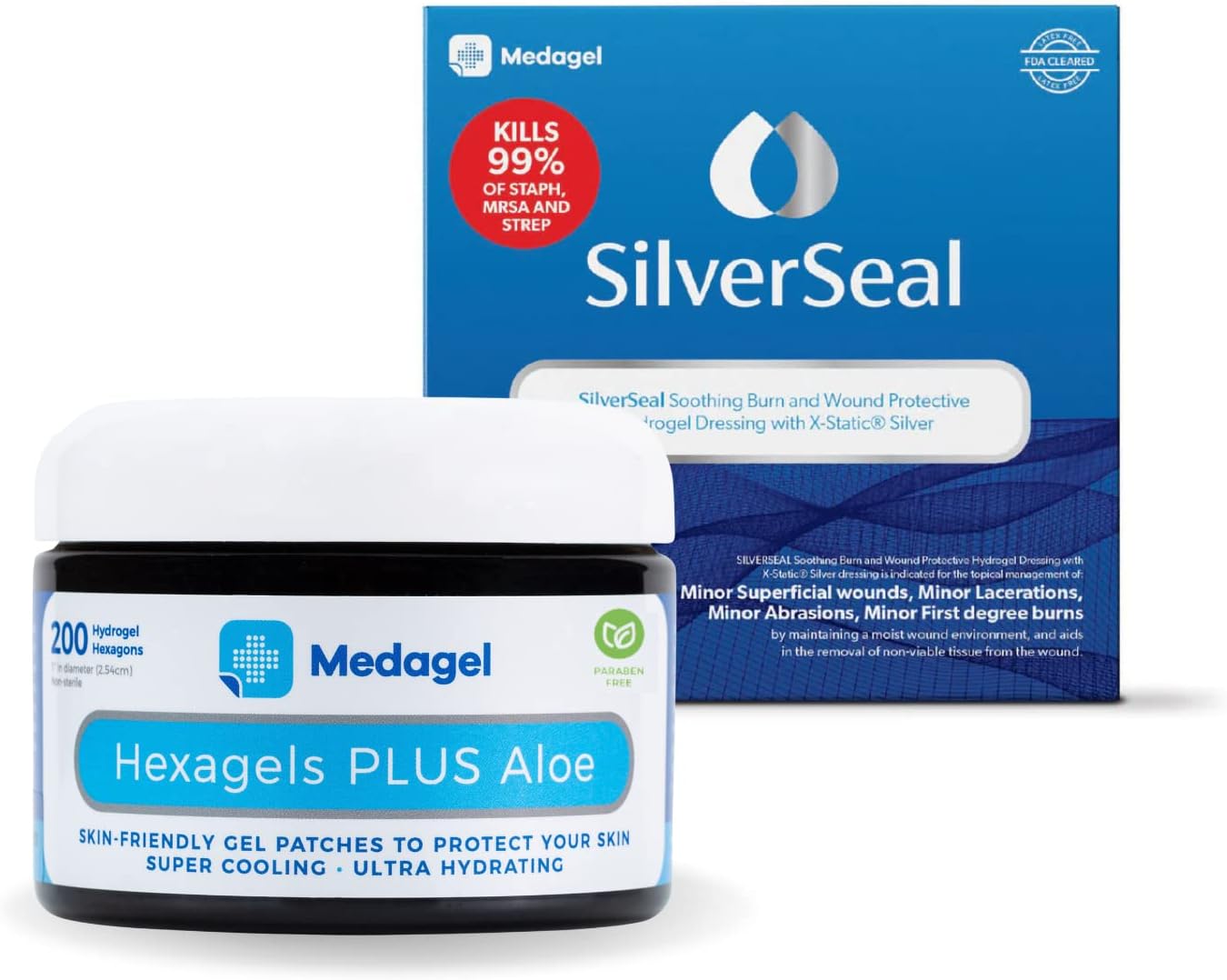 Hexagels Plus Aloe Vera Paraben Free Hydrogel Pads and SilverSeal Burn and Wound Dressing