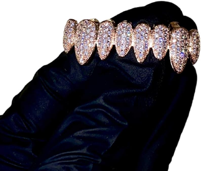 14k Rose Gold Joker Pink Grillz for Mouth Top Bottom Hip Hop Teeth Grills for Teeth Mouth Grillz for Mouth Top Bottom Hip Hop 8 Teeth Prong Set Cz Diamonds Grills for tooth