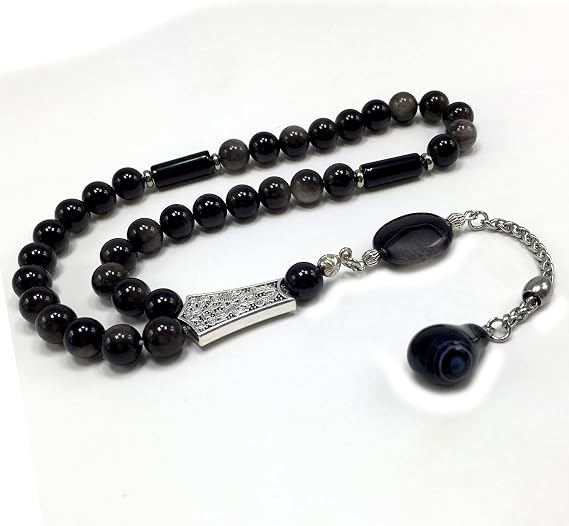 -Orient Collection-Prayer Beads-Worry Beads-Tesbih-Tasbih-Tasbeeh-Misbaha-Masbaha-Subha-Rosary (Silver Sheen Obsidian Stone -8 mm 33 Beads-)