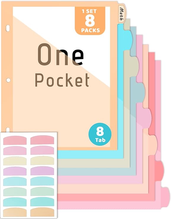 LIONSOUL 8 Tab Plastic Binder Dividers with Pockets, Notebook Divider for 3 Ring Binder, Pastel Dividers with Pockets, Include Sticker Labels, Folder Dividers for School and Office, 1 Set, Pastel