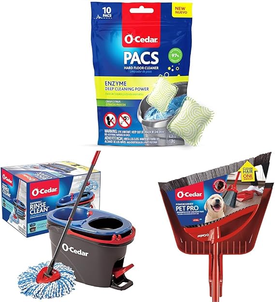 O-Cedar PACS Hard Floor Cleaner, Crisp Citrus Scent 10 Count & EasyWring RinseClean Microfiber Spin Mop & Bucket Floor Cleaning System, Grey & Pet Pro Broom & Step-On Dustpan PowerCorner, Red