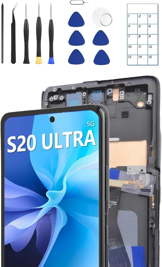 OLED Screen Replacement for Samsung Galaxy S20 Ultra 5G with Frame & Fingerprint Sensor Includes Full Tool Kit & Installation Guide