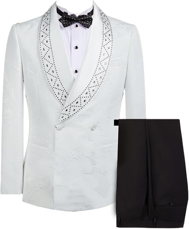 Men Suits 2 Piece Jacquard Floral Bedding Shawl Lapel Double Breasted Formal Prom Wedding Tuxedo Jacket Pants